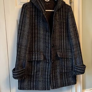 Theory hooded blue & black plaid peacoat jacket size Medium